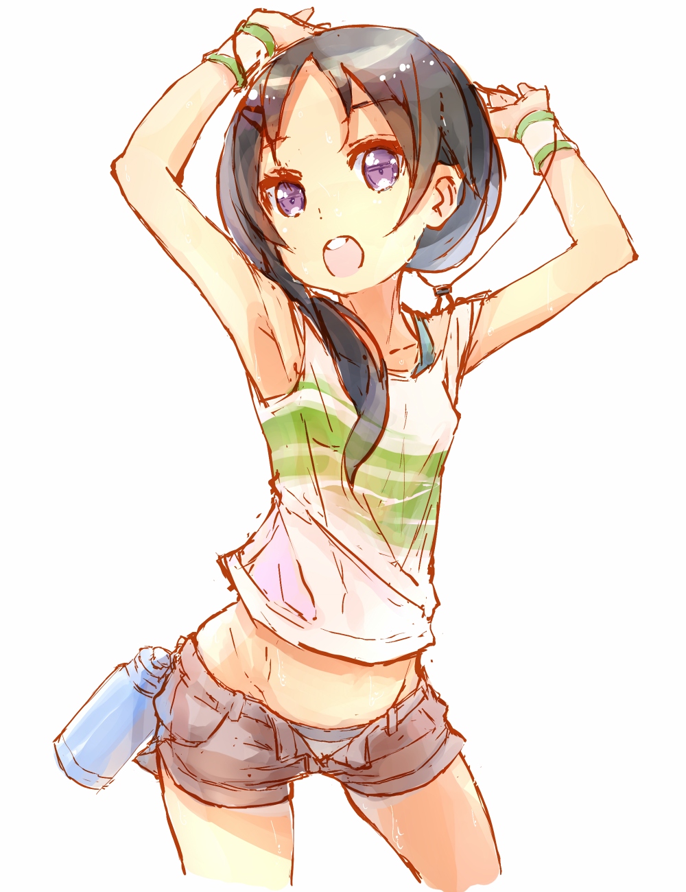 :o armpits arms_up black_hair bottle hair_ornament hairclip hato_haru highres idolmaster idolmaster_cinderella_girls long_hair midriff open_fly open_mouth panties purple_eyes rookie_trainer short_shorts shorts simple_background solo sweat tan tanline trainer_(idolmaster) underwear unzipped violet_eyes water_bottle white_background wristband