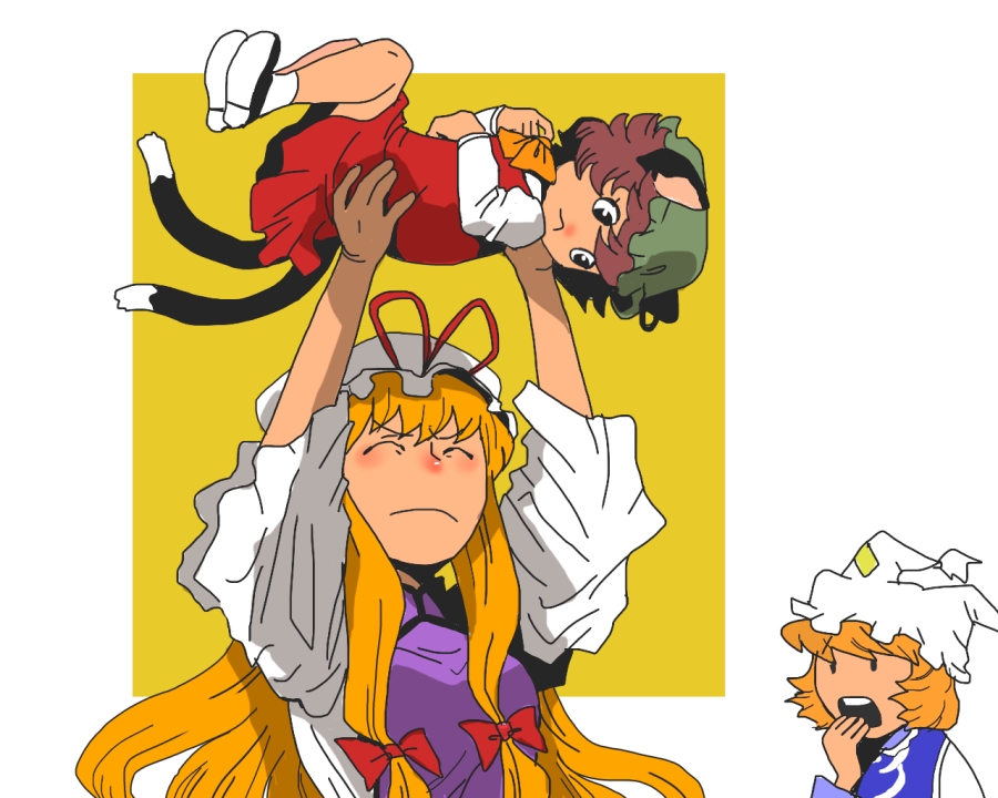 animal_ears bare_legs black_hair blonde_hair bow brown_hair carrying cat_ears chen earrings family gasp hair_bow hand_to_mouth jewelry long_sleeves lying multiple_girls multiple_tails on_back onikobe_rin over_head simple_background skirt skirt_set tail touhou wide_sleeves yakumo_ran yakumo_yukari