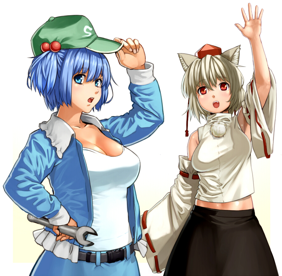 :o adapted_costume adjusting_hat animal_ears arm_up bare_shoulders baseball_cap belt blue_eyes blue_hair breasts cleavage detached_sleeves grey_hair hair_bobbles hair_ornament hand_on_hat hand_on_hip hat hat_tip holding inubashiri_momiji kawashiro_nitori large_breasts looking_at_viewer midriff multiple_girls open_clothes open_shirt pom_pom_(clothes) red_eyes short_hair simple_background skirt skirt_set standing tank_top tkln touhou waving white_background white_hair wolf_ears wrench