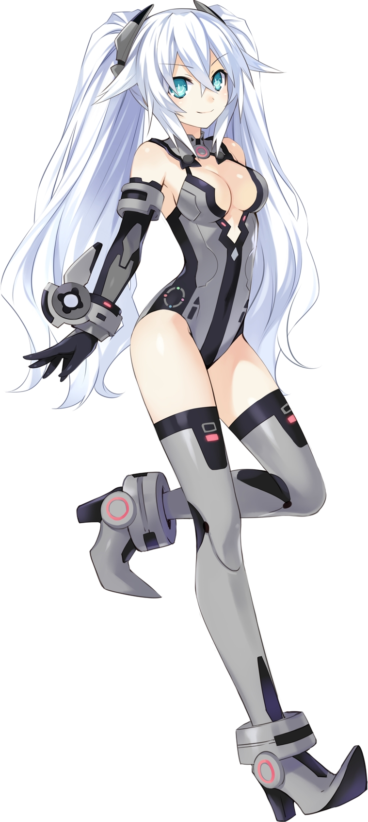 alternate_costume black_heart bodysuit breasts choujigen_game_neptune cleavage detached_sleeves green_eyes highres kami_jigen_game_neptune_v official_art symbol-shaped_pupils thigh-highs thighhighs transparent_background tsunako twintails white_hair