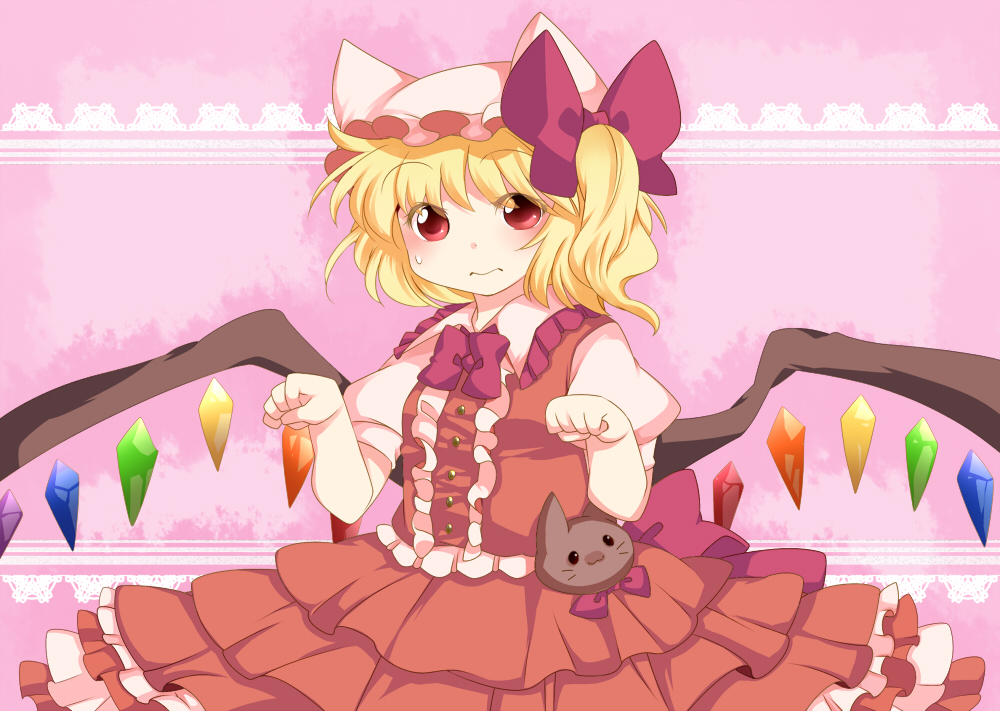 adapted_costume aenobas arms_up bad_id blonde_hair bow bowtie buttons dress_shirt eyelashes flandre_scarlet frills frown hair_bow hammer_(sunset_beach) hat hat_bow hat_with_ears lace looking_at_viewer outline paw_pose pink_background red_eyes shirt short_hair short_sleeves side_ponytail skirt solo striped striped_background stuffed_animal stuffed_toy sweatdrop touhou vest wings