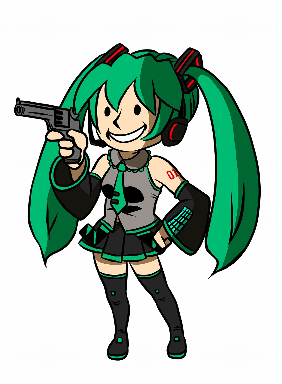 boots detached_sleeves fallout green_hair grin gun gyamo hand_on_hip hatsune_miku highres hips necktie pleated_skirt revolver skirt smile tattoo thigh-highs thigh_boots thighhighs twintails vault_boy vocaloid weapon