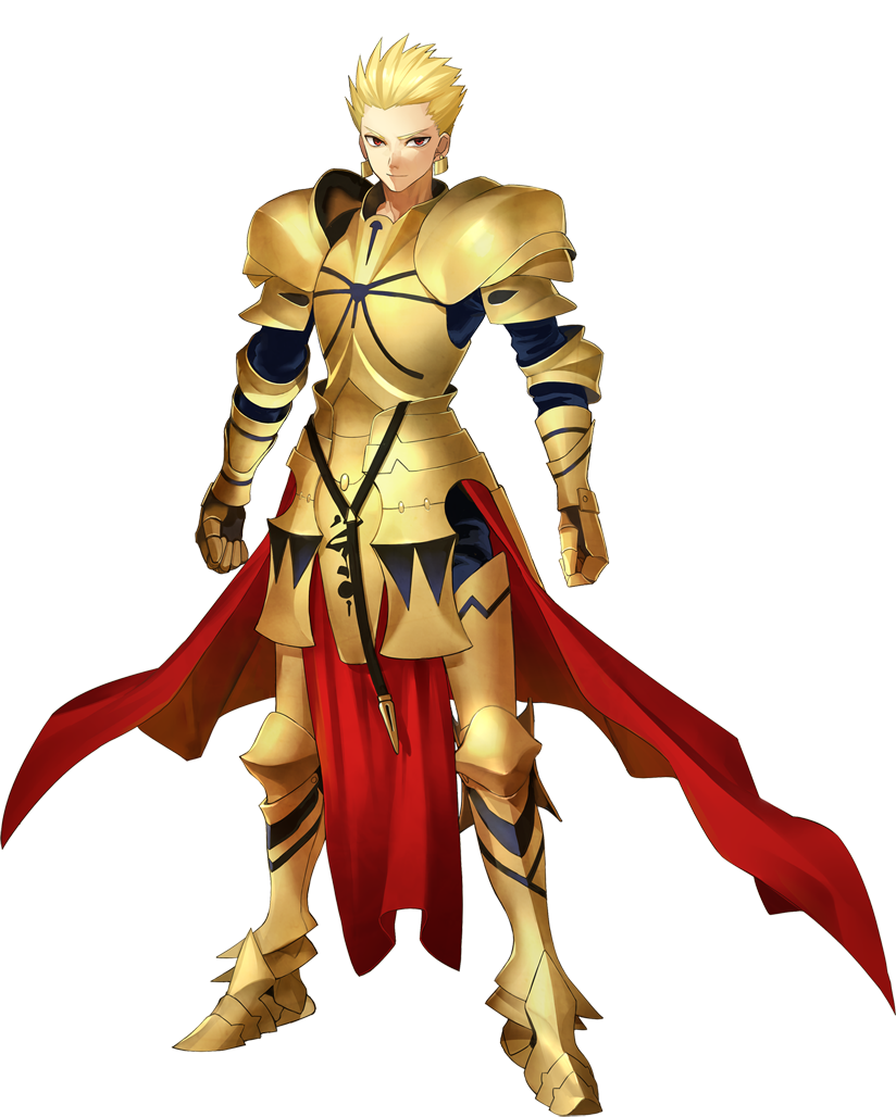 armor blonde_hair breastplate earrings fate/extra fate/extra_ccc fate_(series) faulds gauntlets gilgamesh greaves jewelry male official_art pauldrons red_eyes short_hair simple_background smile solo transparent_background wada_aruko