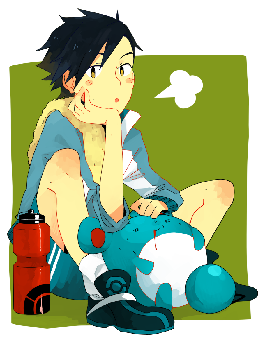 1boy alternate_costume bad_id black_hair bleeding blood bottle gold_(pokemon) gold_(pokemon)_(remake) green_background mangoshake marill pokemon pokemon_(creature) pokemon_(game) pokemon_gsc pokemon_hgss sitting tired yellow_eyes