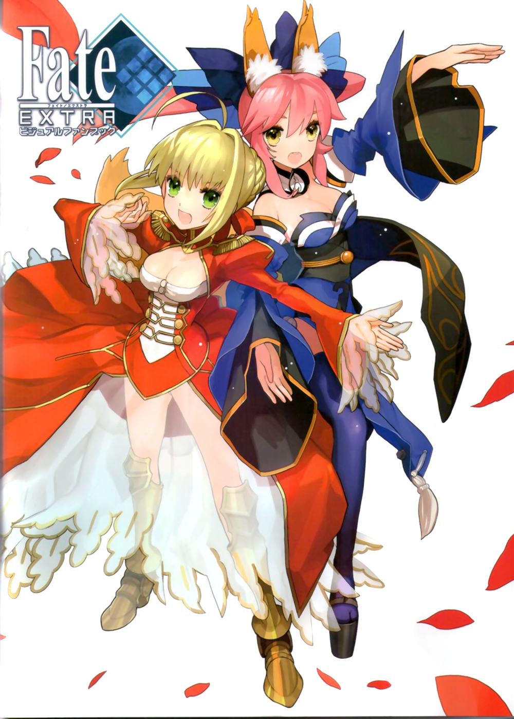 ahoge animal_ears blonde_hair boots bow breasts caster_(fate/extra) cleavage fate/extra fate/stay_night fate_(series) fox_tail green_eyes highres japanese_clothes kimono multiple_girls nero open_mouth petals pink_hair saber saber_extra scan shoes tail tamamo twintails type-moon wada_aruko yellow_eyes