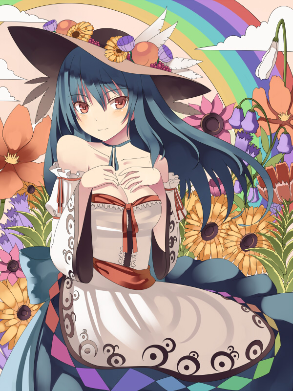 adapted_costume alternate_costume bare_shoulders blue_hair blush breasts cleavage detached_sleeves dress flower hat hat_flower hinanawi_tenshi kureha_(ironika) long_hair rainbow red_eyes ribbon_choker smile solo sunflower touhou tsurime