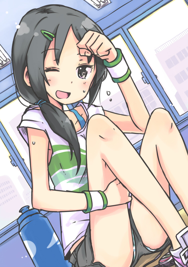 ;d black_eyes black_hair bottle hair_ornament hairclip idolmaster idolmaster_cinderella_girls long_hair open_mouth panties pantyshot pantyshot_(sitting) ponytail rookie_trainer shorts sitting smile solo striped striped_panties t-shirt trainer_(idolmaster) ueshita underwear water_bottle wink wristband