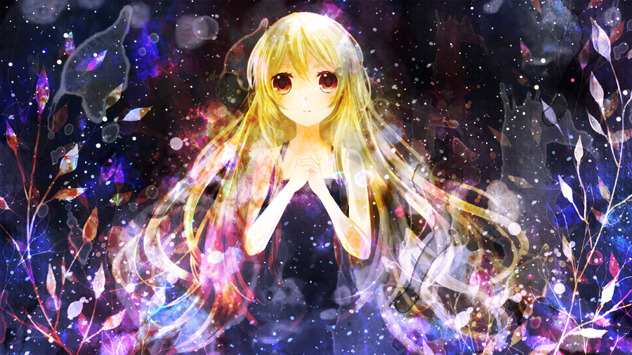 blonde_hair brown_eyes dress hands_together hinanosuke lily_(vocaloid) long_hair solo vocaloid