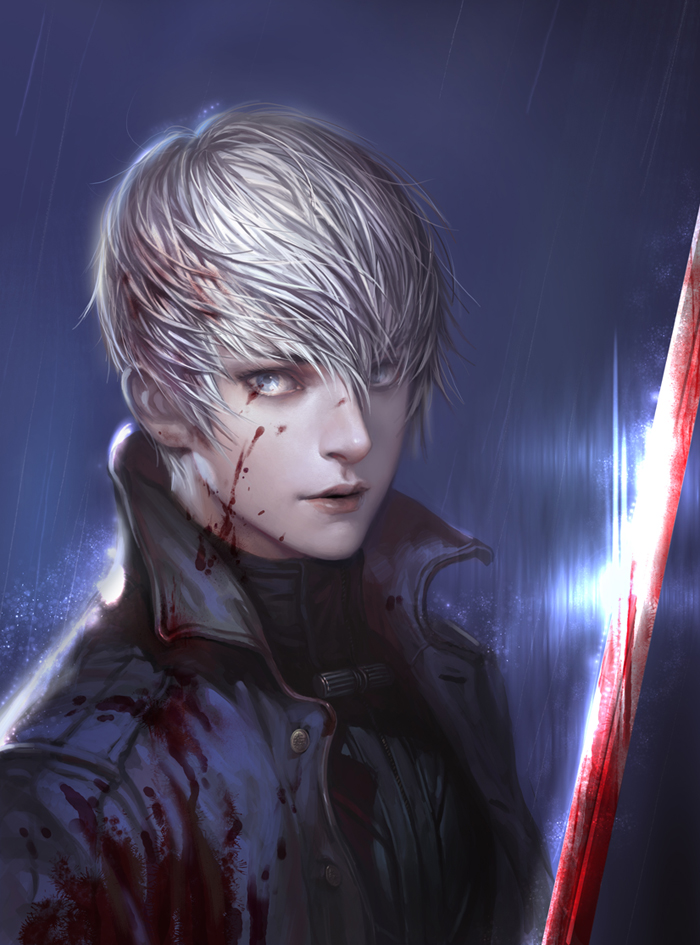 blood cdash817 grey_eyes ishida_mitsunari ishida_mitsunari_(sengoku_basara) jacket katana lips male realistic sengoku_basara short_hair silver_eyes silver_hair solo sword weapon white_hair