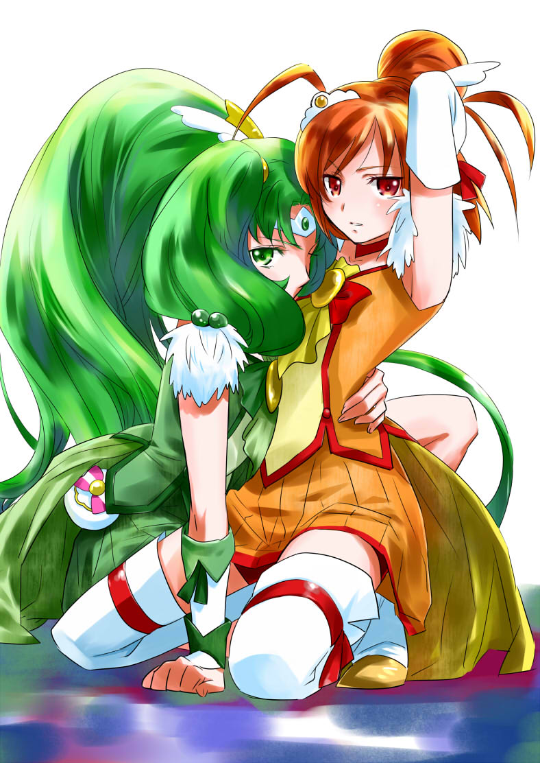 choker cure_march cure_sunny gloves green_eyes green_hair hand_on_another's_waist hino_akane long_hair magical_girl midorikawa_nao multiple_girls ooshima_tomo orange_hair oshima_tomo ponytail precure red_eyes short_hair smile_precure! thigh-highs thighhighs tiara white_legwear yuri