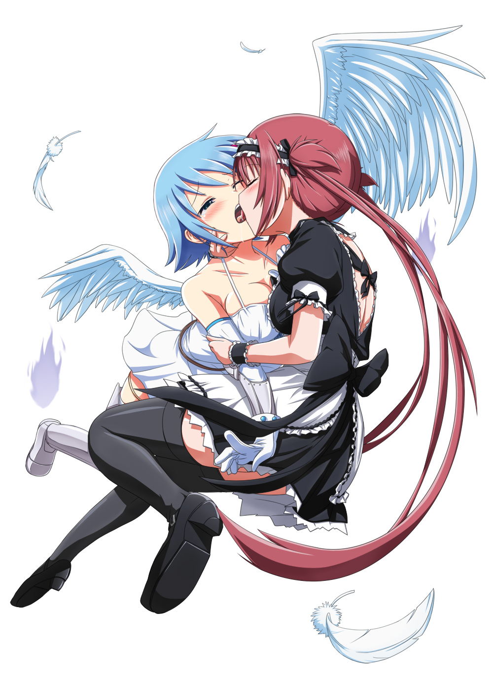 airi arm_grab asymmetrical_wings bare_shoulders black_legwear blue_hair blush bow breasts cleavage closed_eyes dress elbow_gloves eyes_closed feathers forced french_kiss gloves highres kiss long_hair maid maid_headdress multiple_girls nanael queen's_blade queen's_blade red_eyes red_hair saliva seiki_kyushu shirosame short_hair simple_background tears thigh-highs thighhighs tongue twintails white_legwear white_wings wince wings yuri