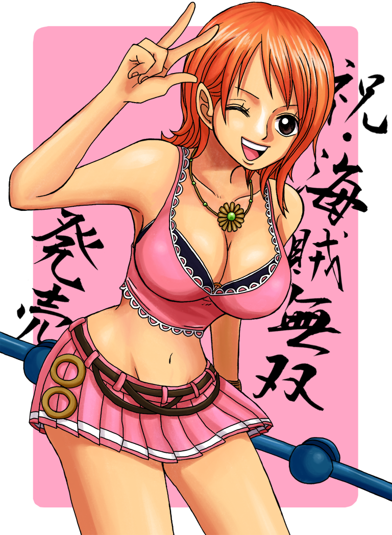 breasts brown_eyes cleavage clima-tact flower jewelry kiyu_(zuyu) large_breasts midriff miniskirt nami navel necklace one_piece open_mouth orange_hair pink pink_background short_hair skirt smile teeth translation_request v wink