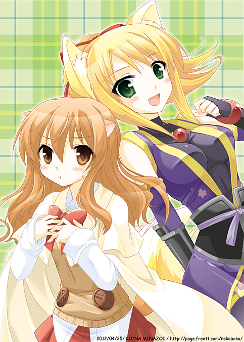 animal_ears blonde_hair blush breasts brown_eyes brown_hair cape capelet dog_days dog_ears dog_tail fingerless_gloves fox_ears fox_tail gloves green_eyes long_hair minazoi_kuina multiple_girls ricotta_elmar tail yukikaze_panettone