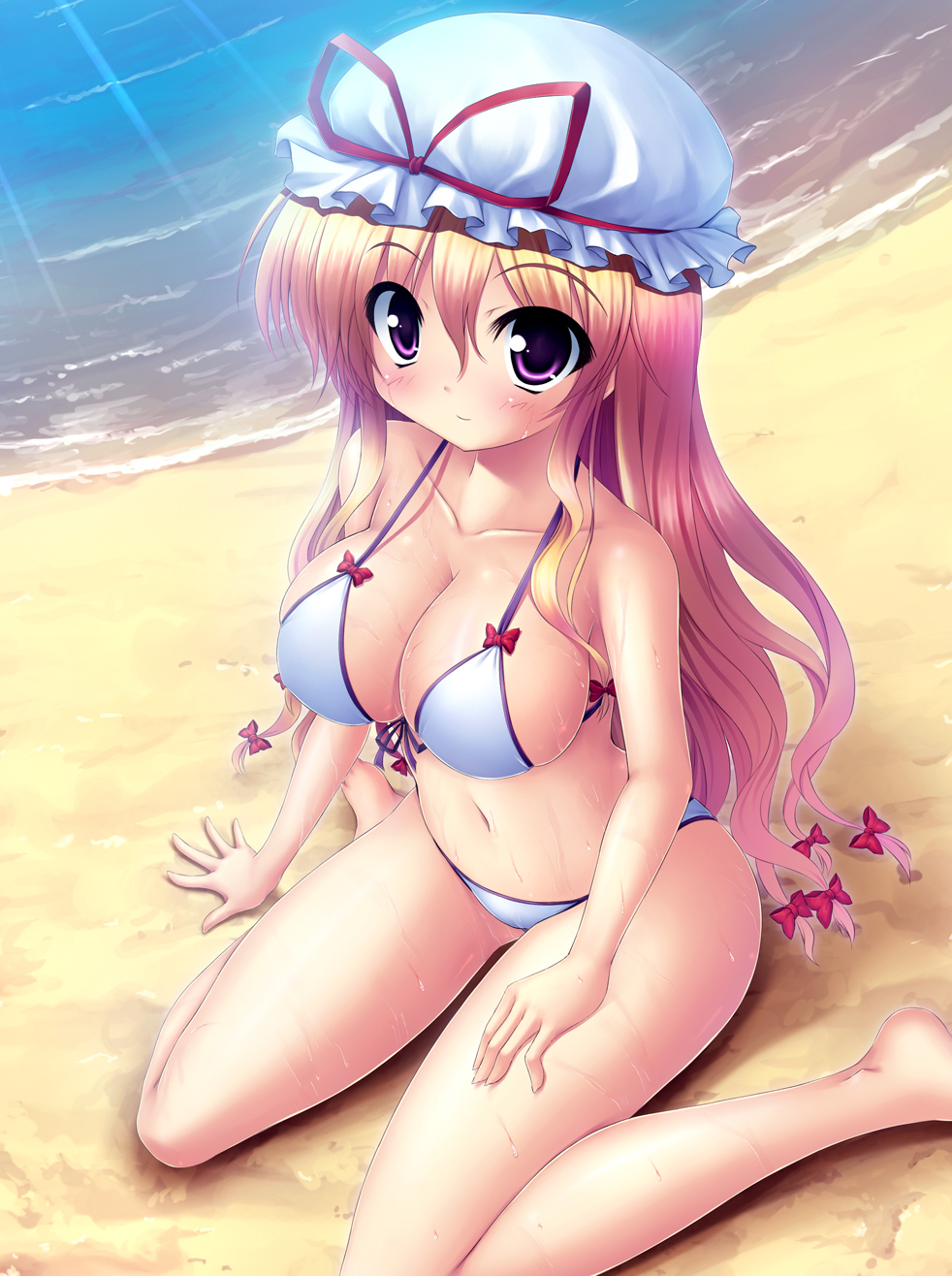 bikini blonde_hair blush breasts highres looking_at_viewer solo string_bikini swimsuit takeponi touhou yakumo_yukari