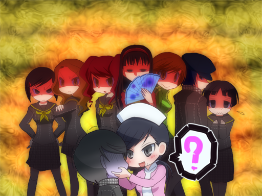 6+girls ? amagi_yukiko angry caught chiizu_ochaduke ebihara_ai kujikawa_rise matsunaga_ayane mole multiple_girls narukami_yuu ozawa_yumi pantyhose persona persona_4 satonaka_chie shaded_face shirogane_naoto turn_pale uehara_sayoko