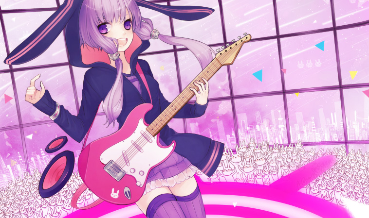 :d bad_id bunny guitar holding hoodie instrument long_hair machino_koyoi open_mouth purple_eyes purple_hair rabbit smile solo thigh-highs thighhighs violet_eyes vocaloid yuzuki_yukari