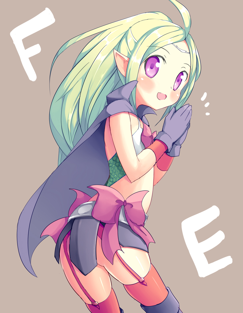 ass blush cape fire_emblem fire_emblem:_kakusei garter_straps gloves green_hair long_hair nowi_(fire_emblem) pizanuko pointy_ears ponytail purple_eyes thigh-highs thighhighs violet_eyes