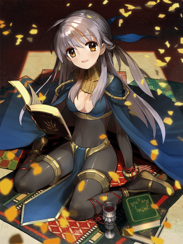 book breasts cape cleavage clothed_navel cosplay cup fire_emblem fire_emblem:_akatsuki_no_megami fire_emblem:_kakusei goblet half_updo micaiah navel official_art open_book sarja sarja_(cosplay) see-through silver_hair sitting wada_aruko wariza yellow_eyes