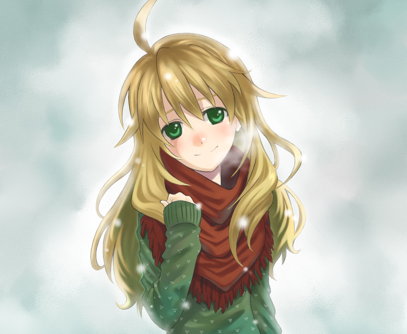 ahoge blonde_hair blush green_eyes hoshii_miki idolmaster long_hair scarf smile solo sweater ueyasu