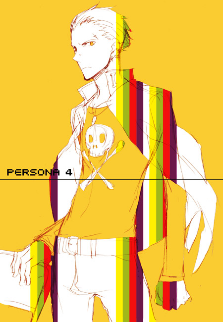 belt bullet chair clenched_hand earrings folding_chair jacket jacket_on_shoulders jewelry jolly_roger long_sleeves looking_at_viewer male monochrome necklace orange_background pants persona persona_4 piercing sawa scar skull_and_crossbones solo standing tatsumi_kanji