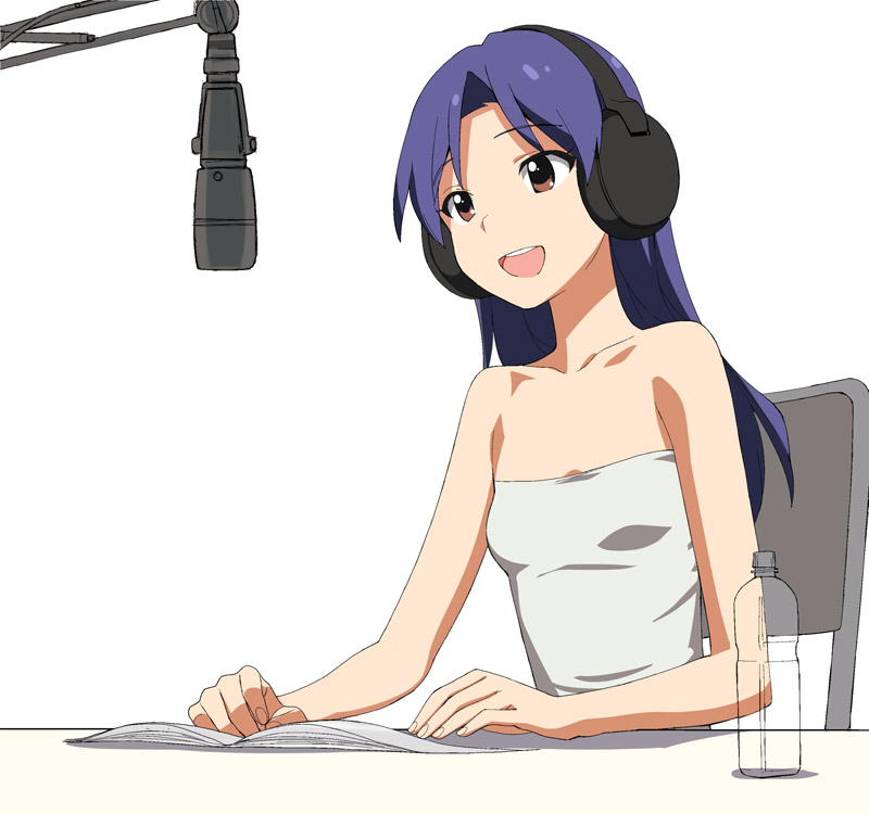 a1 blue_hair bottle brown_eyes empty_bottle headphones idolmaster kisaragi_chihaya long_hair microphone open_mouth radio_booth solo water_bottle