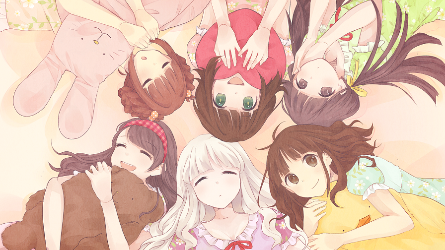 6girls :d akizuki_ritsuko alternate_hairstyle amami_haruka auburn_hair a~chan brown_eyes brown_hair character_request closed_eyes eyes_closed green_eyes hair_bobbles hair_ribbon hairband idolmaster kashiyuka long_hair lying momokari multiple_girls open_mouth pajamas perfume ribbon shijou_takane silver_hair sleeping smile stuffed_animal stuffed_bunny stuffed_toy takatsuki_yayoi teddy_bear twintails wavy_hair