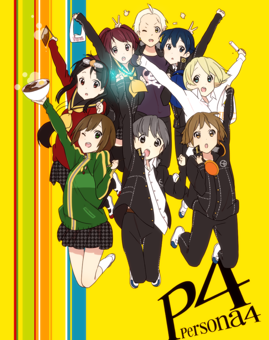 4boys 4girls amagi_yukiko androgynous arm_up atlus black_eyes black_hair blonde_hair blue_eyes blue_hair brown_eyes brown_hair cabbie_hat cardigan double_v everyone fist_pump food funny_glasses glasses green_eyes grey_eyes grey_hair hanamura_yousuke hat headphones headphones_around_neck jacket jacket_on_shoulders jolly_roger jumping k-on! kneehighs kotobuki66 kujikawa_rise kuma_(persona_4) long_hair long_twintails looking_at_viewer loose_shirt megami_tensei narukami_yuu noodles open_mouth parody persona persona_4 popsicle ramen red_eyes red_hair redhead reverse_trap satonaka_chie scar school_uniform serafuku shin_megami_tensei shirogane_naoto shiromizakana_(style) short_hair skirt skull_and_crossbones socks style_parody sweater tatsumi_kanji title_drop tomboy topsicle track_jacket twintails v wink