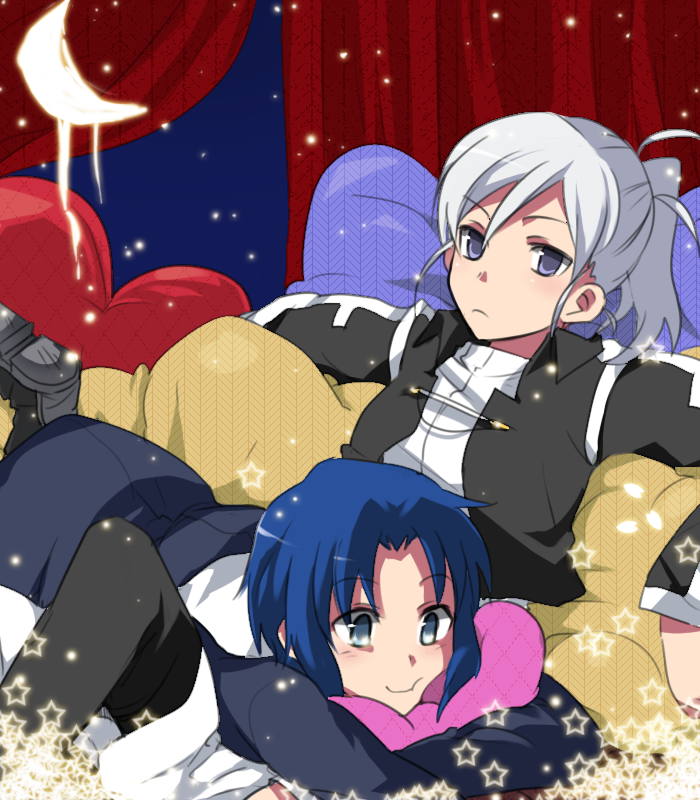 blue_eyes blue_hair bolero c: cheek_squash ciel cropped_jacket cushion habit melty_blood multiple_girls nagato123 ponytail riesbyfe_stridberg short_hair silver_hair tsukihime