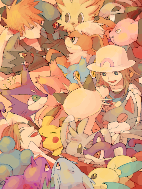 1girl 2boys blue_(pokemon) glameow growlithe hat houndour kasabuta lillipup marill meowth minccino mincinno minun multiple_boys nidoran nidorina ookido_green ookido_green_(frlg) open_mouth pikachu plusle pokemon pokemon_(creature) pokemon_(game) pokemon_frlg pokemon_rgby poochyena purrloin rattata red_(pokemon) red_(pokemon)_(remake) riolu shinx skitty snubbul snubbull tegaki