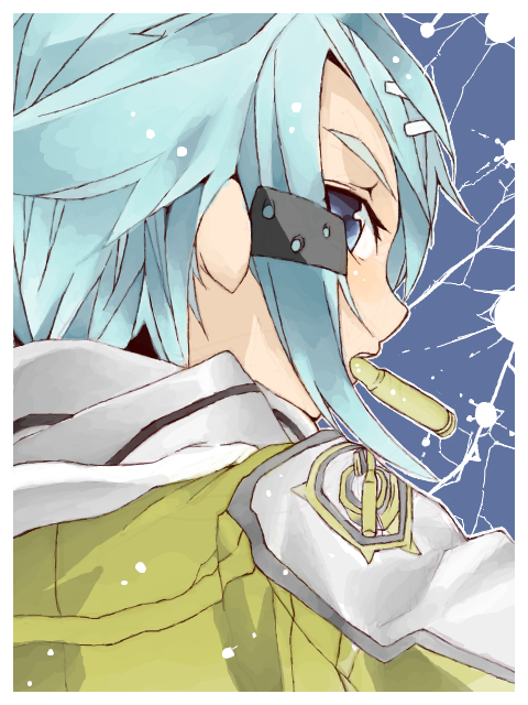 blue_eyes blue_hair bullet bullet_in_mouth from_behind hair_ornament hairclip kame^^ mouth_hold portrait rough shinon_(sao) short_hair solo sword_art_online