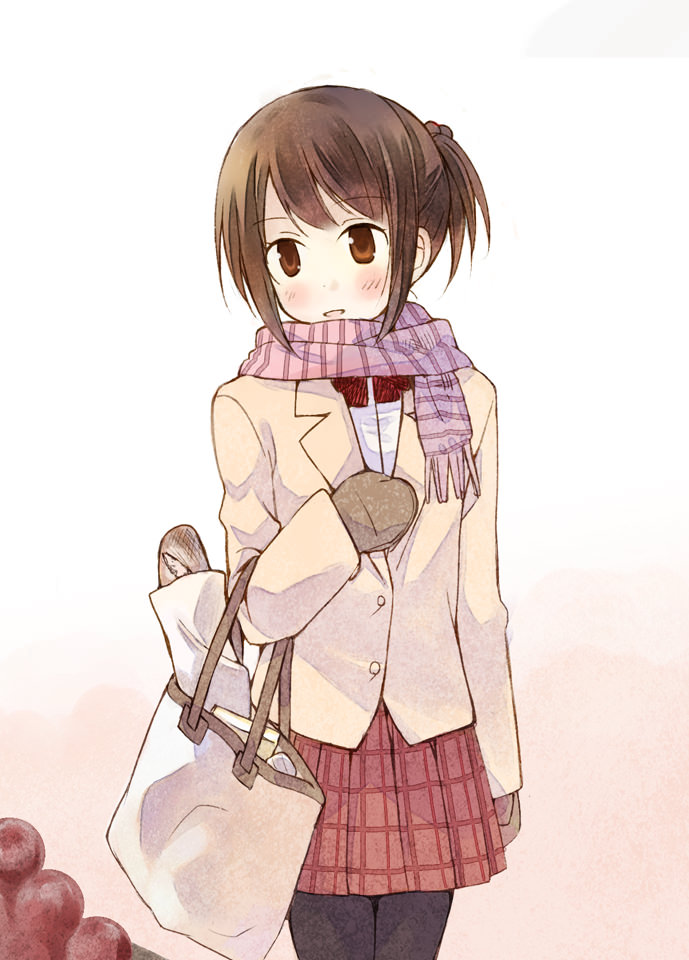 bag baguette bread brown_eyes brown_hair food gloves nonaka_yuu original pantyhose scarf shopping_bag simple_background skirt solo white_background