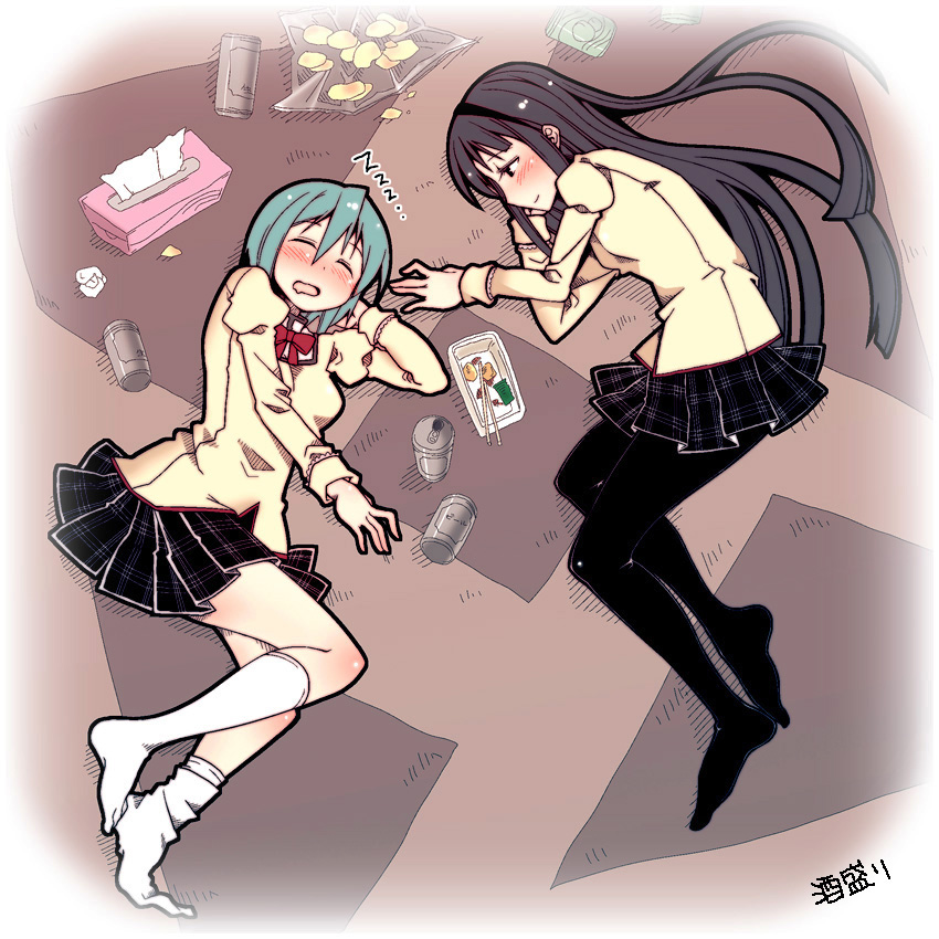 akemi_homura beer black_hair blue_hair can closed_eyes drunk eyes_closed gyo hairband long_hair lying mahou_shoujo_madoka_magica miki_sayaka multiple_girls obentou pantyhose potato_chips saliva school_uniform short_hair sleeping smile socks tissue tissue_box z