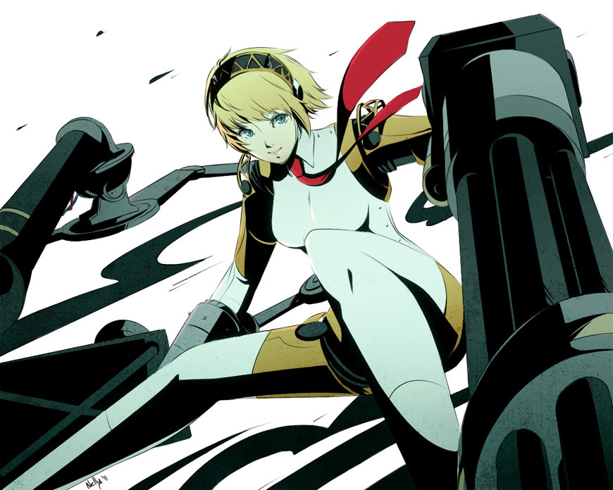 aegis android blonde_hair blue_eyes mushisotisis necktie persona persona_3 persona_4:_the_ultimate_in_mayonaka_arena robot_joints short_hair simple_background smile solo