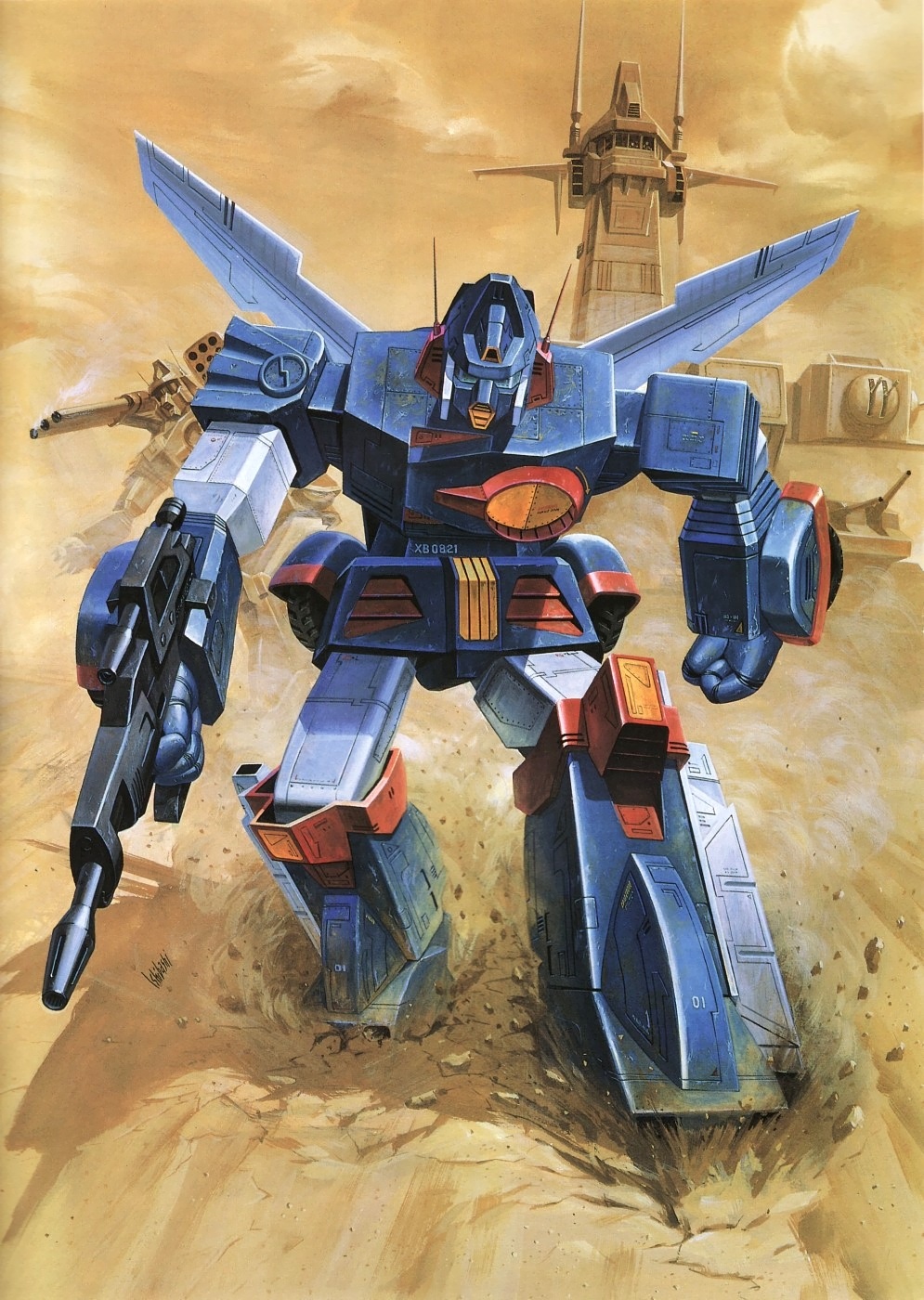 cloud desert dust gun highres iron_gear izubuchi_yutaka landship mecha official_art oldschool promotional_art realistic rifle rock science_fiction sentou_mecha_xabungle traditional_media weapon xabungle_(mecha)