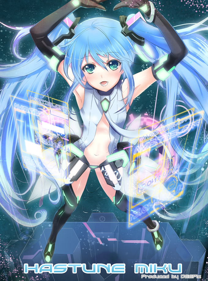 anklet aqua_eyes armpits arms_up blue_hair bracelet breasts center_opening character_name deeple elbow_gloves gloves hatsune_miku hatsune_miku_(append) hexagon hexagonal_prism hologram holographic_monitor jewelry long_hair miku_append necktie solo thigh-highs thighhighs twintails very_long_hair vocaloid vocaloid_append