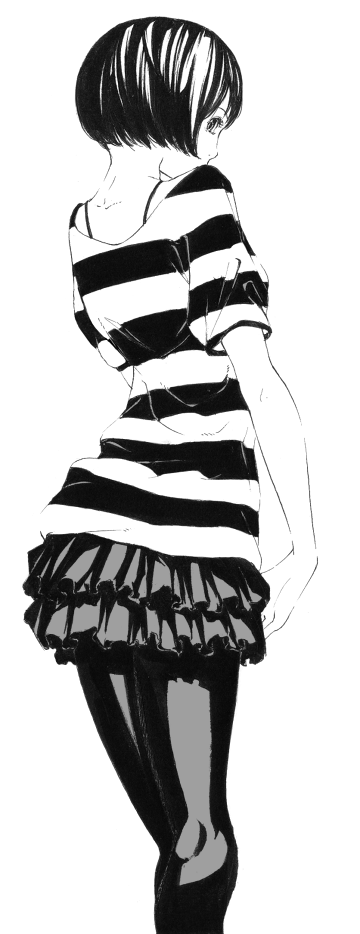 copyright_request frills from_behind gathers greyscale long_image looking_back miniskirt monochrome pantyhose sawasawa shirt short_hair short_sleeves simple_background skirt solo striped striped_shirt tall_image white_background