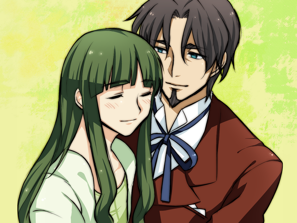 1girl blue_eyes brown_hair couple facial_hair fate/zero fate_(series) formal goatee green_hair husband_and_wife long_hair naiya suit tohsaka_aoi tohsaka_tokiomi toosaka_aoi toosaka_tokiomi