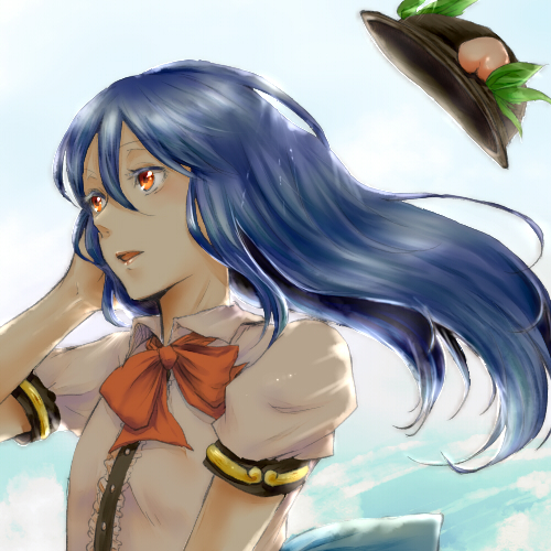 blue_hair bust fuji_tsugu hat hat_removed headwear_removed hinanawi_tenshi long_hair lowres red_eyes solo touhou