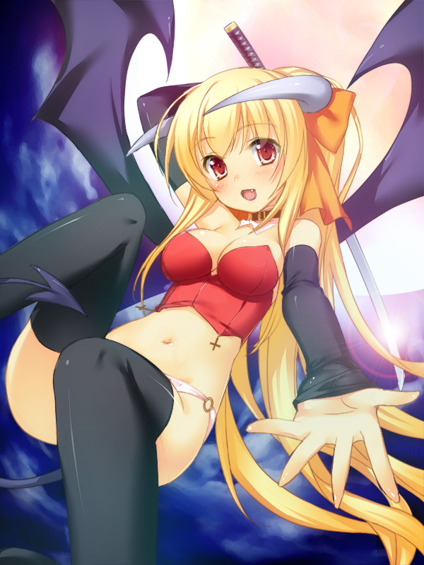 1girl 47agdragon arm_behind_head bat_wings black_legwear blonde_hair bow breasts bustier collar demon_girl demon_tail detached_sleeves fang female full_moon hair_bow horns katana long_hair looking_at_viewer moon navel night night_sky o-ring_bottom open_mouth original outstretched_hand panties pink_panties red_eyes sky solo sword tail thigh-highs thighhighs underwear very_long_hair weapon wings