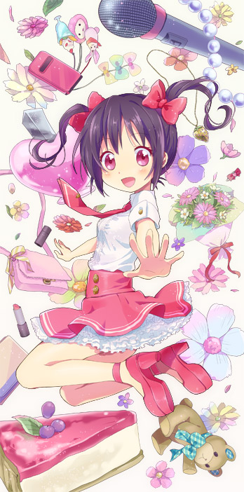:d bag black_hair bouquet cellphone cellphone_strap dress flower heart high_heels lipstick makeup microphone open_mouth original outstretched_arms phone pink_eyes sakuro shoes slice_of_cake smile solo stuffed_animal stuffed_toy teddy_bear twintails