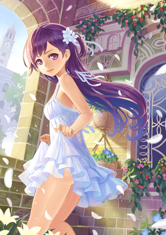 ass clock clock_tower dress flower hair_flower hair_ornament k+ lace-trimmed_panties long_hair looking_at_viewer original panties pantyshot parted_lips petals purple_eyes purple_hair skirt skirt_lift smile solo sundress tower underwear violet_eyes