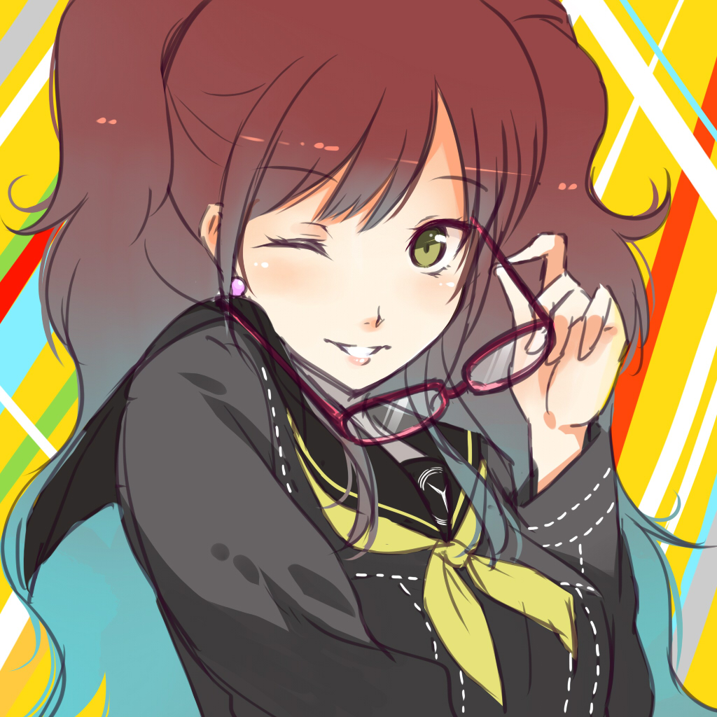 brown_hair bust furai glasses glasses_removed green_eyes holding holding_glasses kujikawa_rise persona persona_4 sketch solo twintails wink