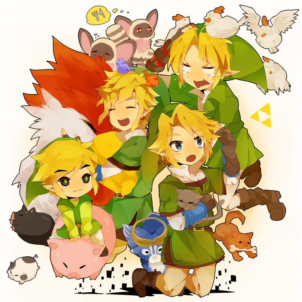 :o animal animal_on_head bird bird_on_head blonde_hair blue_eyes bone cat chicken dog earrings fang gloves goat hat hug jewelry kasano_(chinatsu) kneeling link loftwing male multiple_persona nintendo ocarina_of_time oversized_animal pig red_eyes remlit riding skyward_sword smile straddle tears the_legend_of_zelda toon_link twilight_princess white_background wind_waker