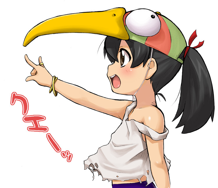 1girl \m/ animal_hat beak bird_hat black_hair blush bracelet brown_eyes bust child copyright_request hat jewelry off_shoulder open_mouth outstretched_arm ponytail profile ring sagamimok side_profile simple_background smile solo strap_slip string tattered_clothes torn_clothes translation_request white_background