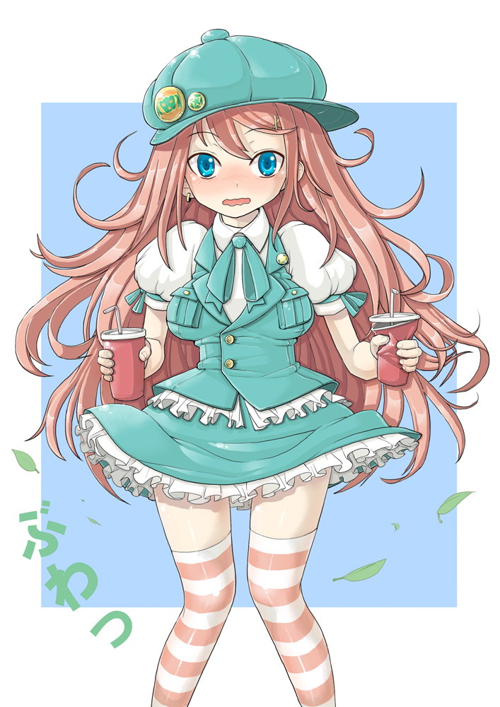 aosode blue_eyes blush breasts cabbie_hat embarrassed frills hair_ornament hairclip hat long_hair looking_at_viewer orange_legwear original paper_cup red_hair redhead skirt solo striped striped_legwear thigh-highs thighhighs wavy_mouth wind_lift