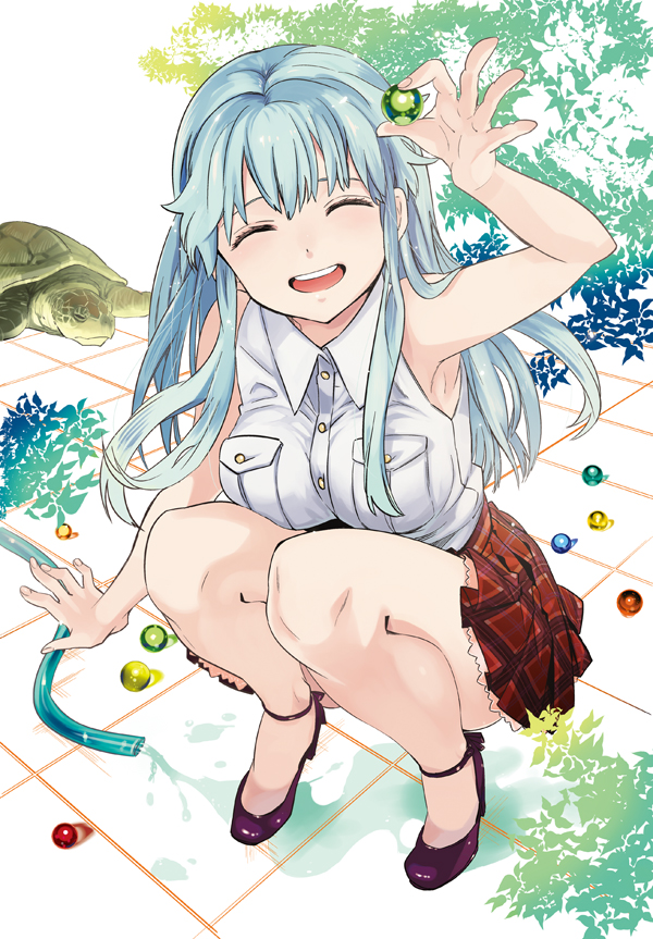 bare_shoulders blue_hair closed_eyes eyes_closed high_heels long_hair marble ocha_(oteaaa) open_mouth original plaid plaid_skirt shoes skirt squatting turtle water