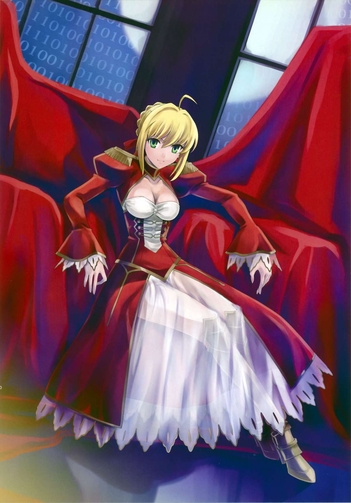 ahoge binary blonde_hair breasts cleavage dress epaulettes fate/extra fate/stay_night fate_(series) full_body green_eyes hair_ribbon highres ribbon saber_extra see-through shirotsumekusa sitting smile solo