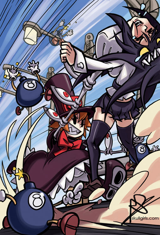 2girls alex_ahad black_eyes black_hair bomb bow dress evil_smile fighting filia_(skullgirls) frilled_dress frills gloves grin hat lamppost long_hair long_sleeves mechanical_arms multiple_girls official_art orange_hair peacock_(skullgirls) pleated_skirt prehensile_hair punching school_uniform sharp_teeth short_hair signature skirt skullgirls smile thigh-highs thighhighs top_hat