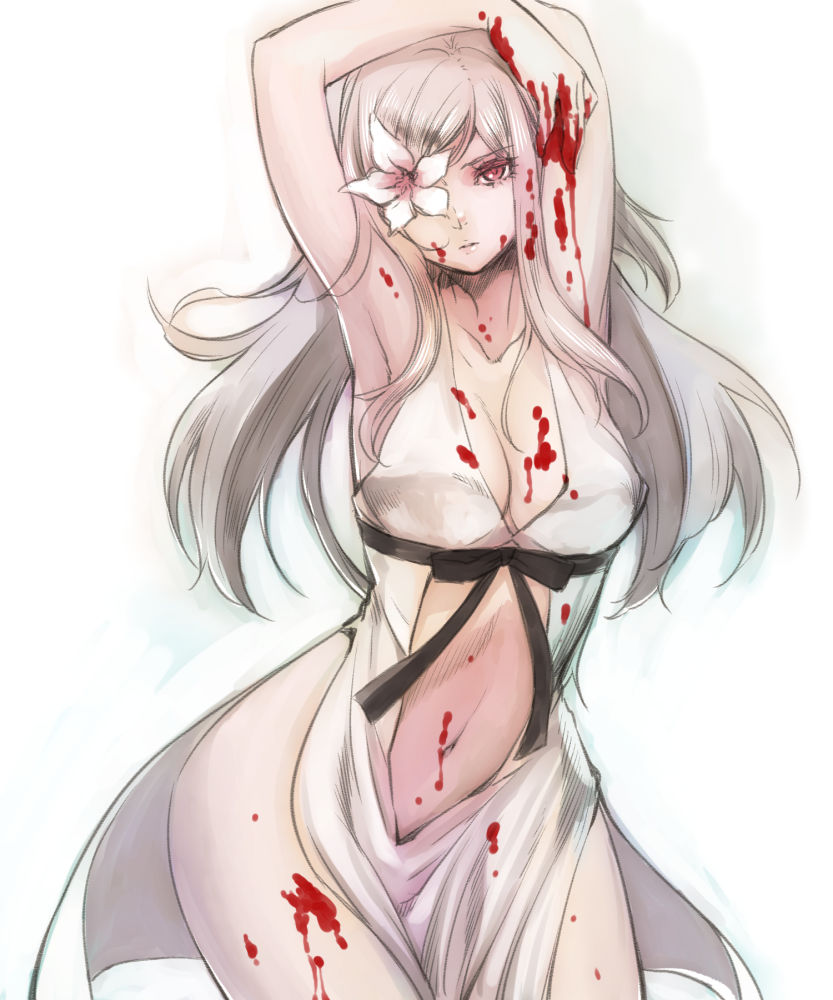 1girl armpits arms_behind_head arms_up bare_shoulders blood breasts cleavage drag-on_dragoon drag-on_dragoon_3 dress flower haqua long_hair long_sleeves looking_at_viewer navel open_mouth parted_lips posing red_eyes simple_background solo white_hair wide_hips zero_(drag-on_dragoon)
