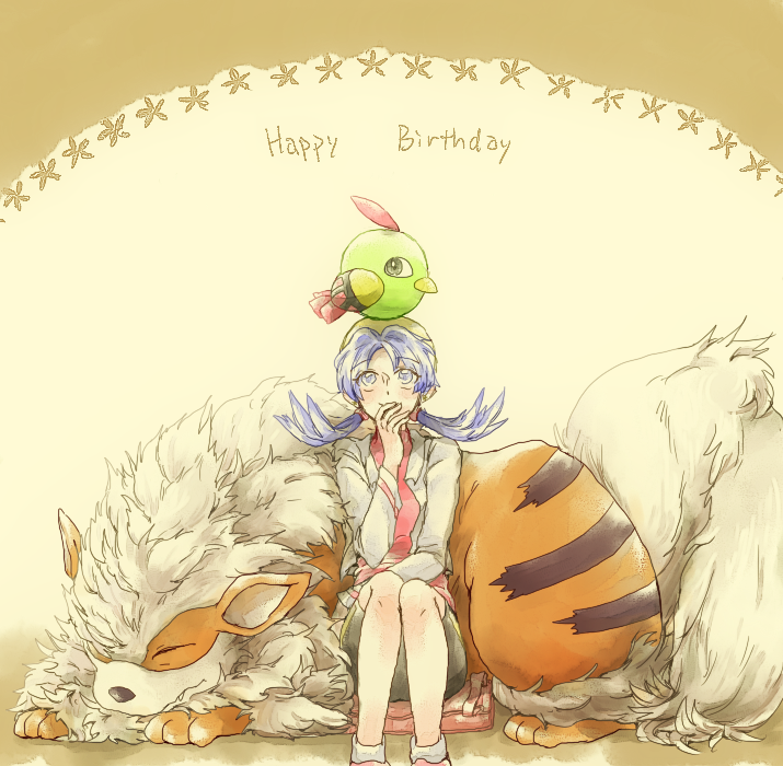 1girl arcanine birthday blue_hair crystal_(pokemon) hat lamp-ao natu on_head pokemon pokemon_(creature) pokemon_special sitting sleeping twintails yellow_background